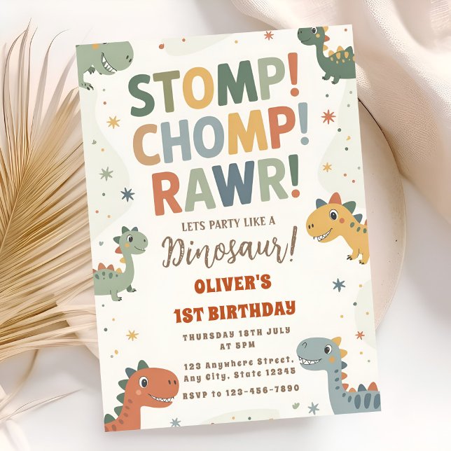 Invitation Fête d'anniversaire Dino Stomp Chomp 1ère année (Créateur téléchargé)
