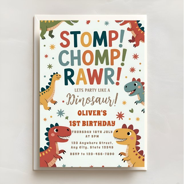 Invitation Fête d'anniversaire Dino Stomp Chomp ROAR premier  (Créateur téléchargé)
