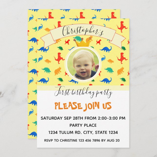 Invitation fête d'anniversaire Dinosaur bébé garçon photo (Devant / Derrière)