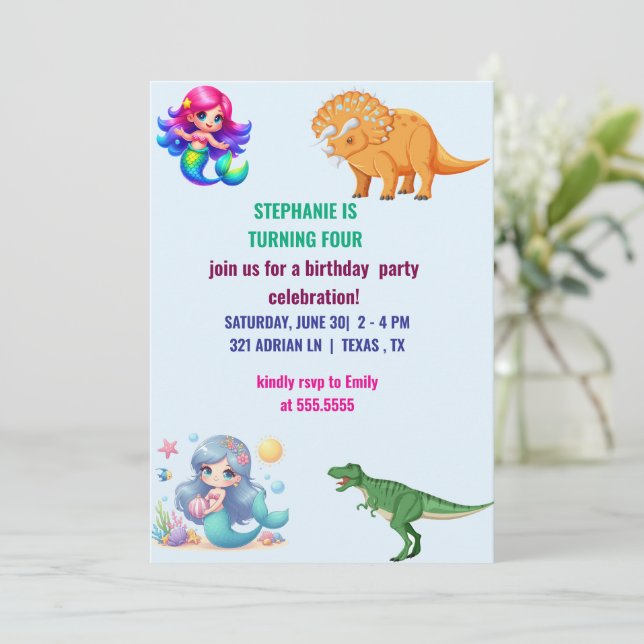 Invitation Fête d'anniversaire Dinosaur sirène moderne (Debout devant)