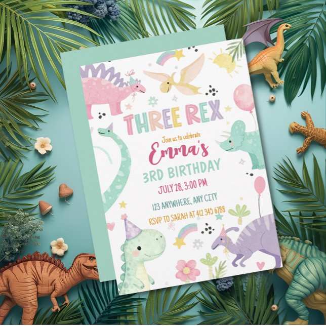 Invitation Fête d'anniversaire Dinosaur Three Rex 3 ans  (Créateur téléchargé)
