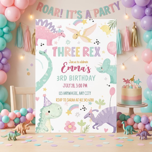Invitation Fête d'anniversaire Dinosaur Three Rex 3 ans  (Créateur téléchargé)