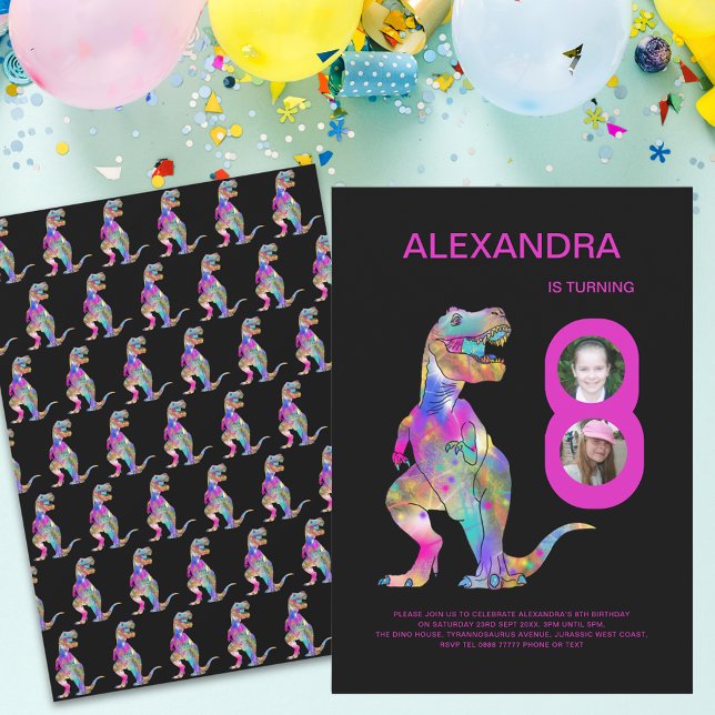 Invitation Fête d'anniversaire dinosaure pour filles Rose (Colorful Dinosaur T-Rex girls 8th birthday party pink and black invitation)