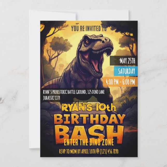 Invitation Fête d'anniversaire Dinosaure T Rex Rugissant (Devant)