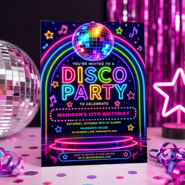 Invitation Fête d'anniversaire Disco Neon Glow pour pré-ados (Créateur téléchargé)