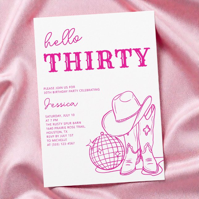 Invitation Fête d'anniversaire disco occidentale rose moderne (Modern Pink Western Disco 30th Birthday Party Invitation)
