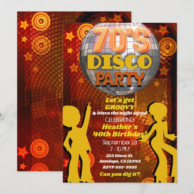 Invitation Fête d'anniversaire disco orange des années 70 (Devant / Derrière)