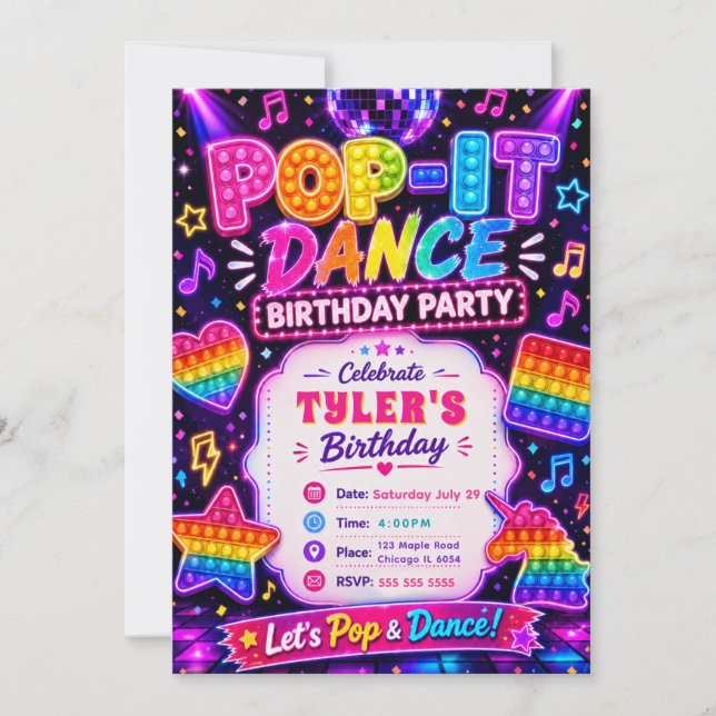 Invitation Fête d'anniversaire disco Pop It (Devant)