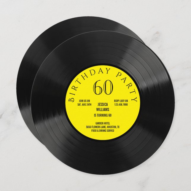 Invitation Fête d'anniversaire disque vinyle fun (Devant / Derrière)