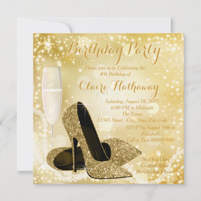 Invitation Fête d'anniversaire d'ivoire et d'or pour femme (Devant)