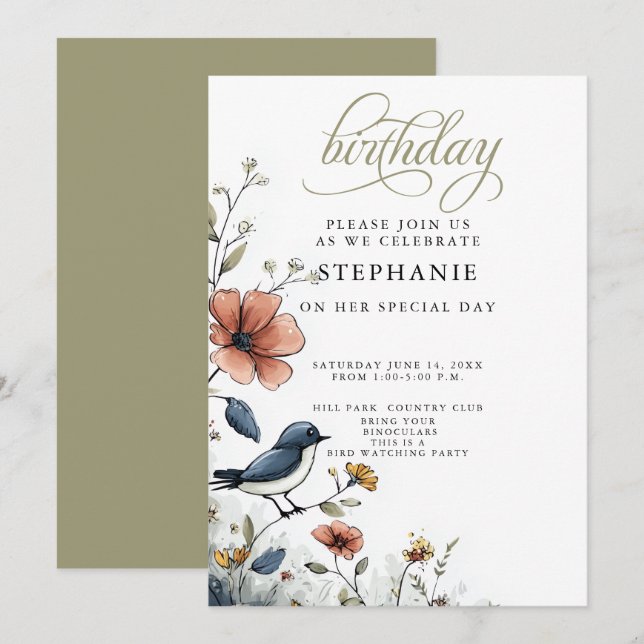 Invitation Fête d'anniversaire d'observateurs d'oiseaux (Devant / Derrière)