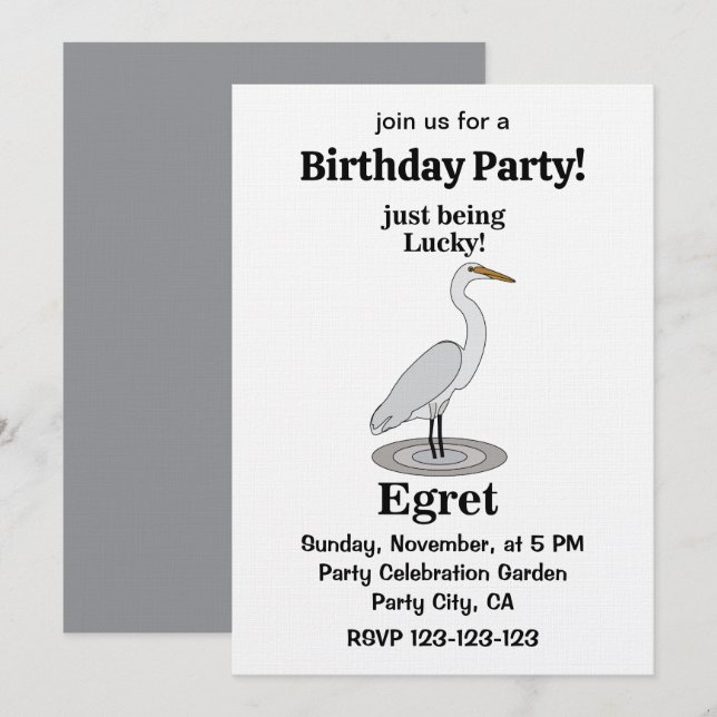 Invitation Fête d'anniversaire d'oiseau chanceux Egret (Devant / Derrière)