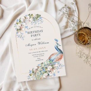 Invitation Fête d'anniversaire d'oiseau de paon bleu floral