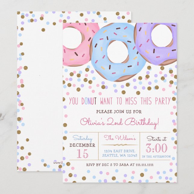 Invitation Fête d'anniversaire donuts rose confettis or (Devant / Derrière)