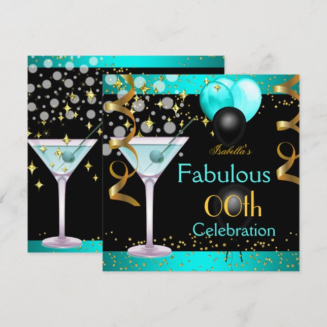 Invitation Fête d'anniversaire dorée au fabuleux martini bleu (Devant / Derrière)