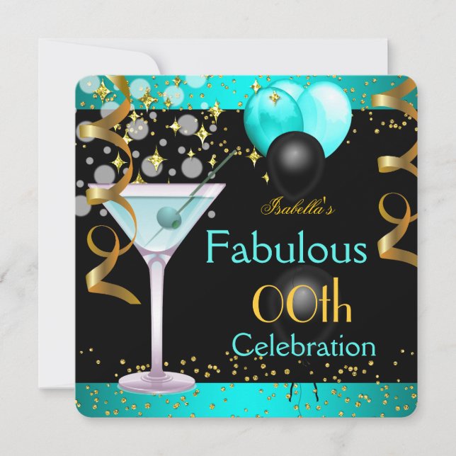 Invitation Fête d'anniversaire dorée au fabuleux martini bleu (Devant)