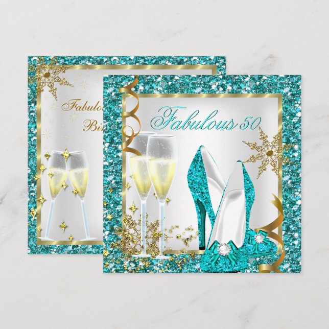 Invitation Fête d'anniversaire dorée pailletée de bleu sarcel (Devant / Derrière)