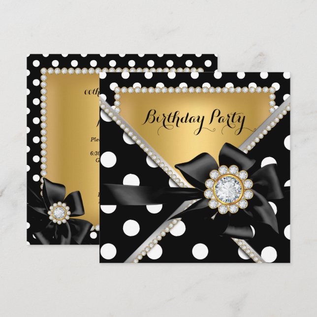 Invitation Fête d'anniversaire dorée pois noirs et blancs (Devant / Derrière)