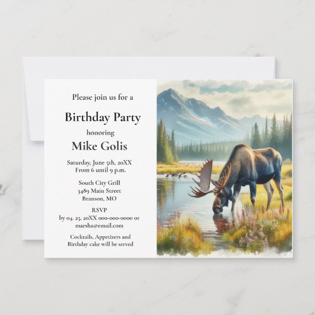 Invitation Fête d'anniversaire d'orignal à l'aquarelle (Devant)