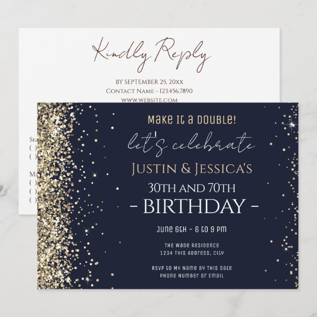 Invitation Fête d'anniversaire double avec paillettes dorées  (Devant / Derrière)