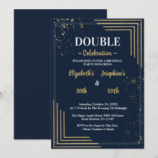 Invitation Fête d'anniversaire double élégante Navy Or