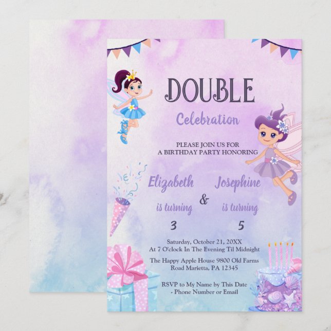 Invitation Fête d'anniversaire double fée pour filles (Devant / Derrière)