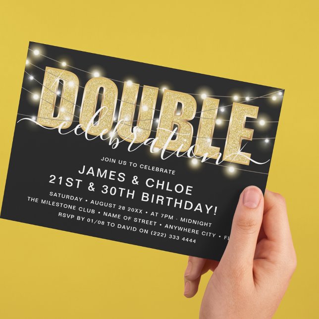 Invitation Fête d'anniversaire 'DOUBLE' paillettes dorées (Créateur téléchargé)