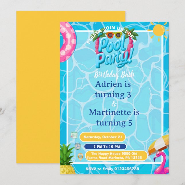 Invitation Fête d'anniversaire double pour enfants avec pisci (Devant / Derrière)