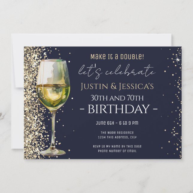 Invitation Fête d'anniversaire Double Verre de Vin Bleu Paill (Devant)