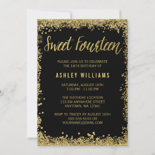 Invitation Fête d'anniversaire douce 14 ans paillettes or fau