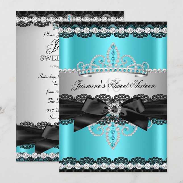 Invitation Fête d'anniversaire douce 16 ans Teal Argent Noir  (Devant / Derrière)