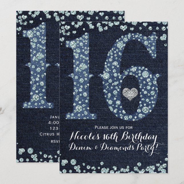 Invitation Fête d'anniversaire douce 16 Denim & Diamonds 16èm (Devant / Derrière)