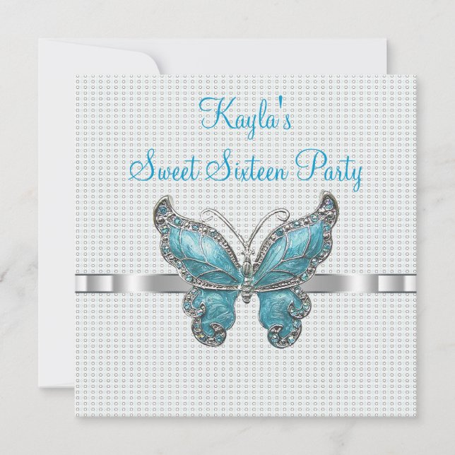 Invitation Fête d'anniversaire douce 16ème Papillon Sarcelle (Devant)