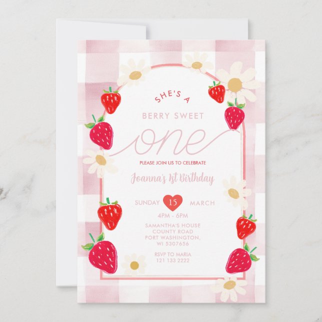 Invitation Fête d'anniversaire douce fraise rose poussiéreuse (Devant)