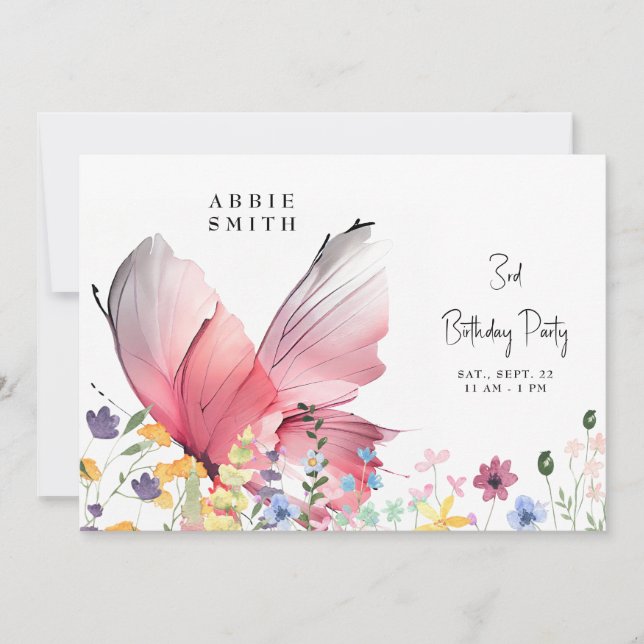 Invitation Fête d'anniversaire douce Papillon et Fleurs sauva (Devant)