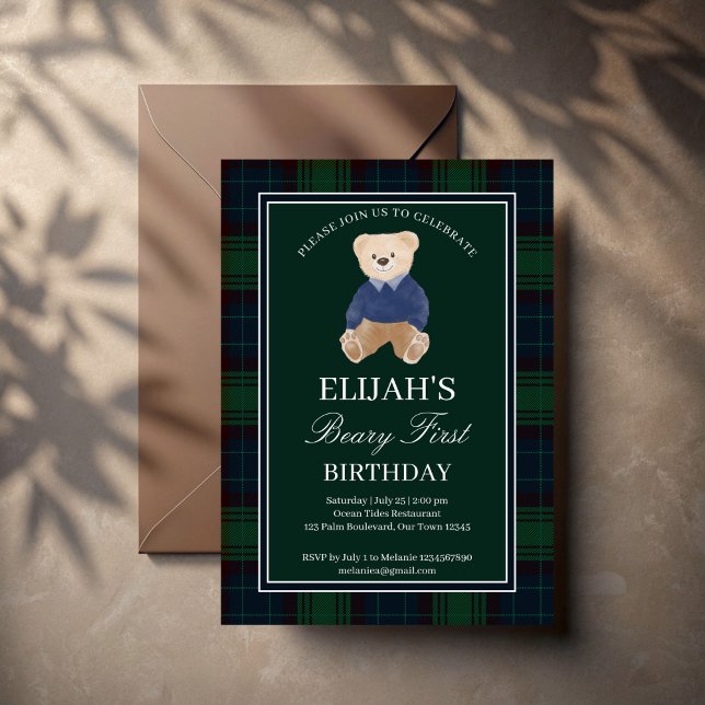 Invitation Fête d'anniversaire d'ours en peluche vert (Green plaid polo teddy bear birthday party invitation cards template cute teddy elegant invites)