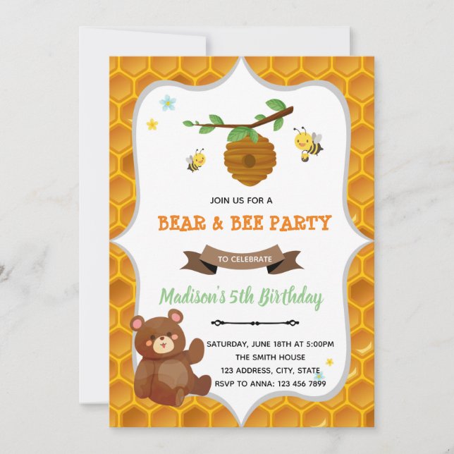Invitation Fête d'anniversaire d'ours et d'abeilles Invitatio (Devant)