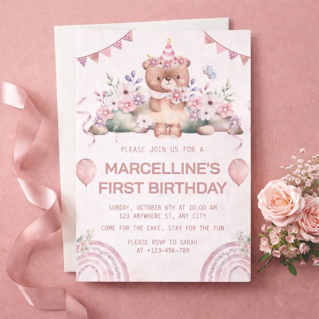 Invitation Fête d'anniversaire d'ours floral rose 1 an (Créateur téléchargé)