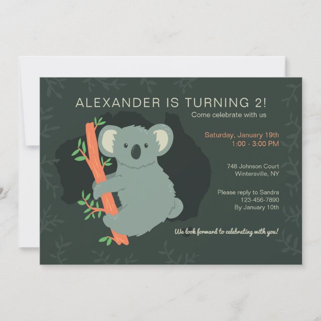 Invitation Fête d'anniversaire d'ours koala (Devant)