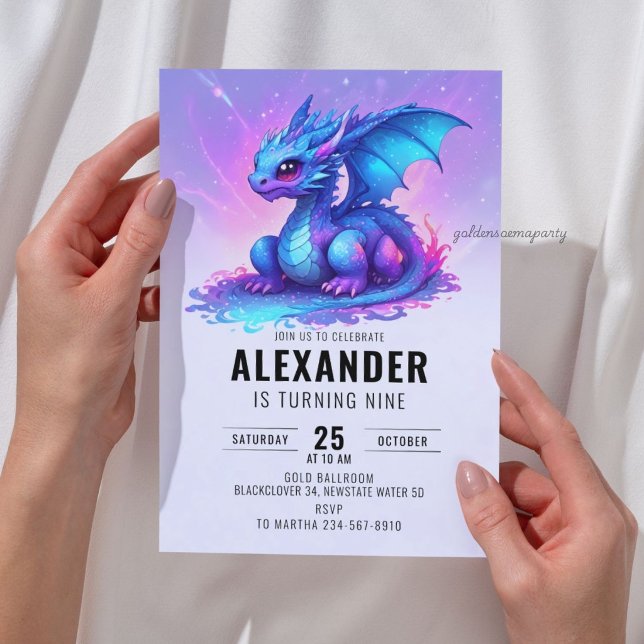 Invitation Fête d'anniversaire Dragon Bleu Rose (Dragon Blue Pink Birthday Party Invitation
)