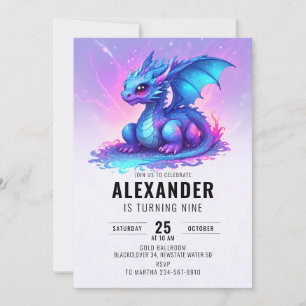 Invitation Fête d'anniversaire Dragon Blue Pink