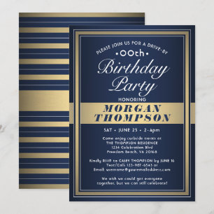 Invitation Fête d'anniversaire Drive-By Navy Blue, Or et Blan
