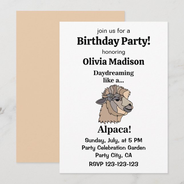 Invitation Fête d'anniversaire drôle avec lama et alpaga (Devant / Derrière)