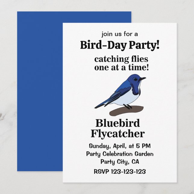 Invitation Fête d'anniversaire drôle avec un oiseau bleu sur  (Devant / Derrière)