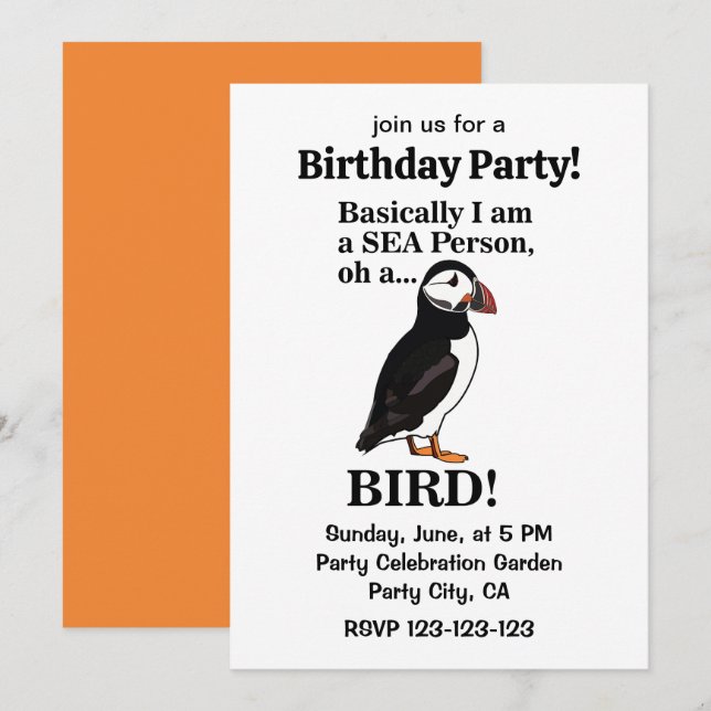Invitation Fête d'anniversaire drôle avec un oiseau macareux (Devant / Derrière)