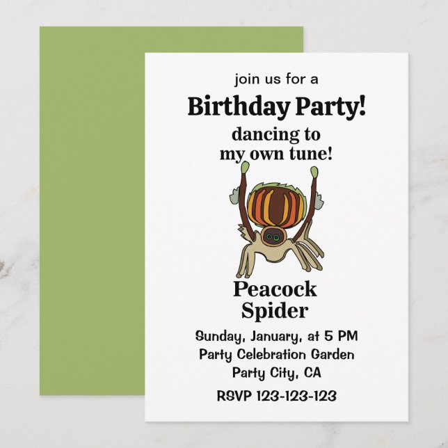 Invitation Fête d'anniversaire drôle d'araignée paon (Devant / Derrière)