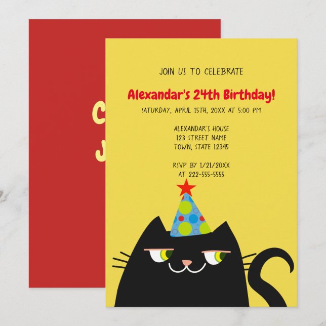 Invitation Fête d'anniversaire drôle de chat noir (Devant / Derrière)
