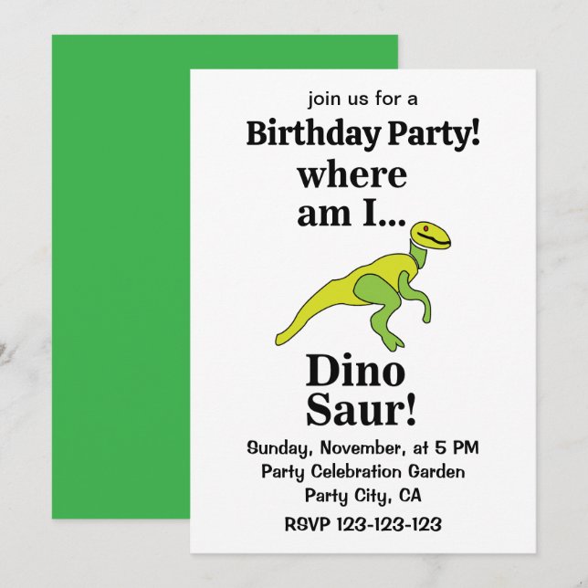 Invitation Fête d'anniversaire drôle de dinosaure Où suis-je (Devant / Derrière)