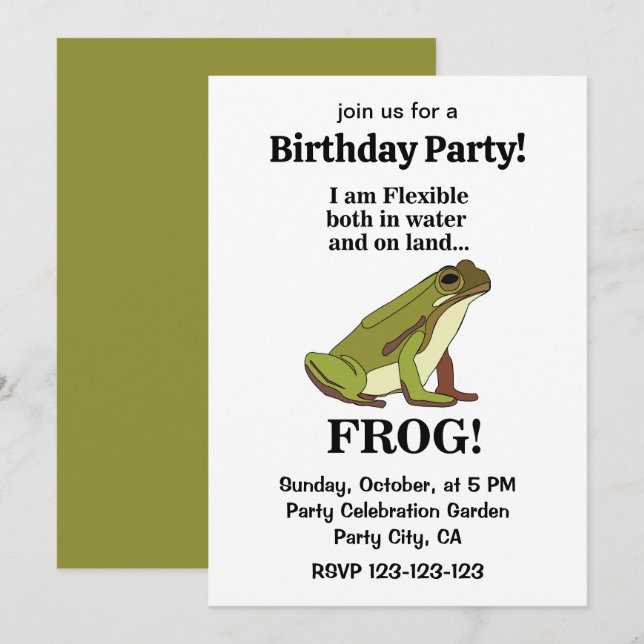 Invitation Fête d'anniversaire drôle de Grenouille Verte (Devant / Derrière)