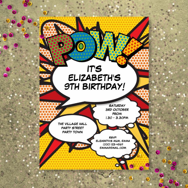 Invitation Fête d'anniversaire drôle moderne Bande dessinée T (Modern Fun Birthday Party Comic Book Any Age Invitation)